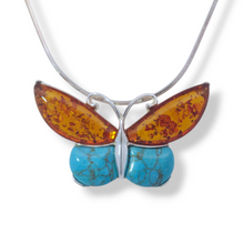 Load image into Gallery viewer, Sterling Silver Amber and Turquoise Butterfly Necklace