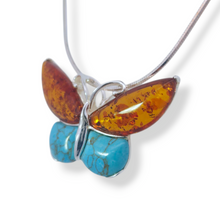 Load image into Gallery viewer, Sterling Silver Amber and Turquoise Butterfly Necklace
