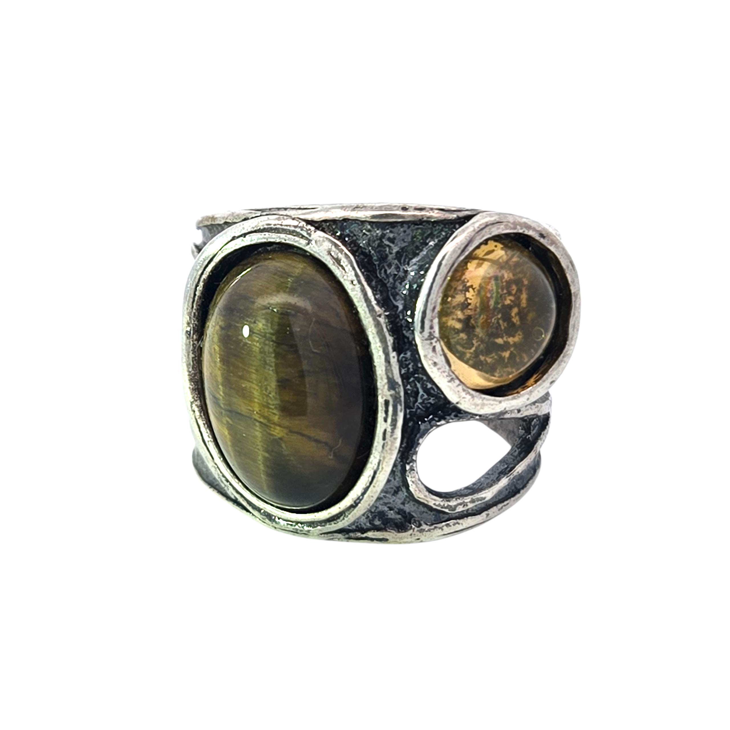 Sterling Sculpture Ring - Tiger Eye and Citrine