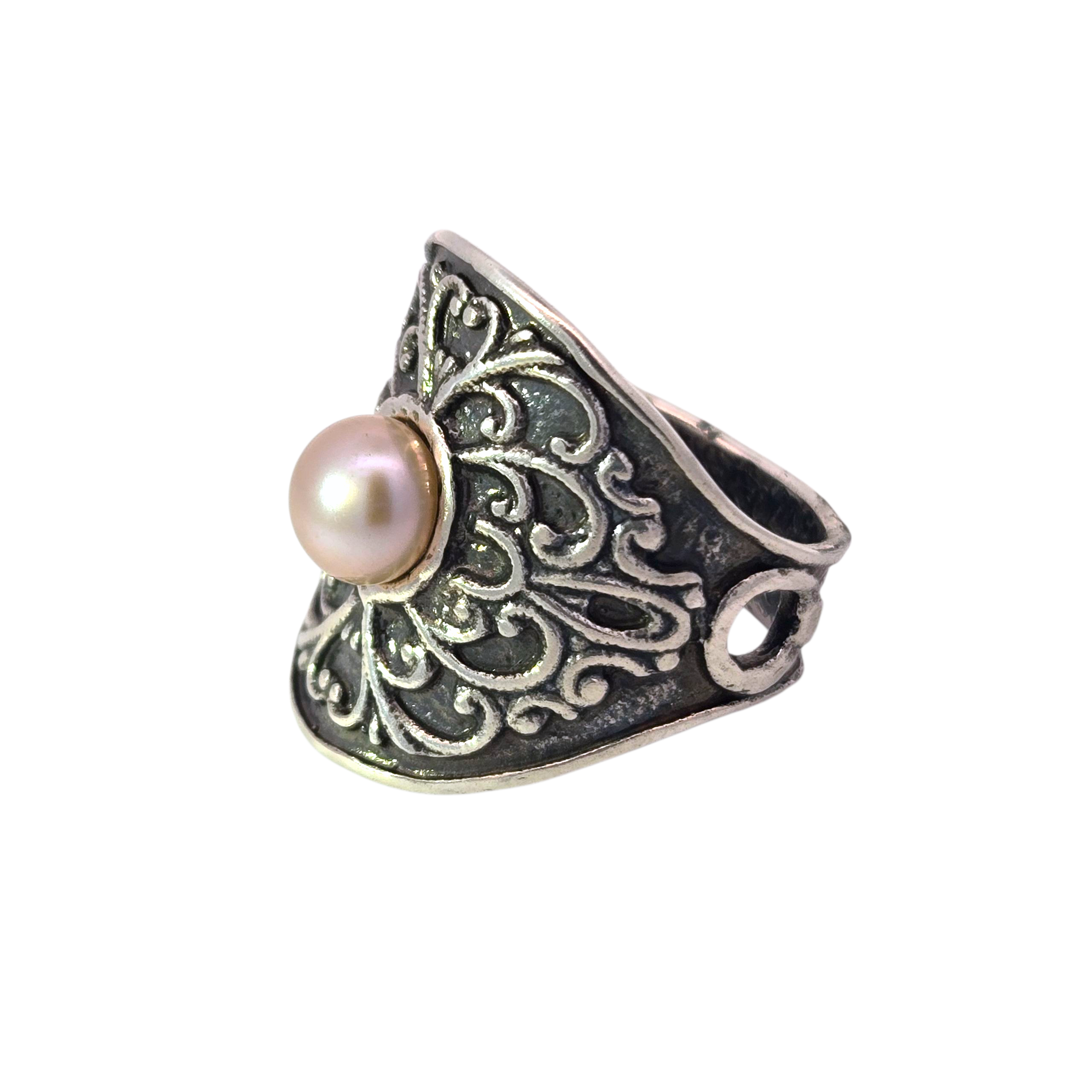 Oxidized Sterling Mandala Pearl Ring