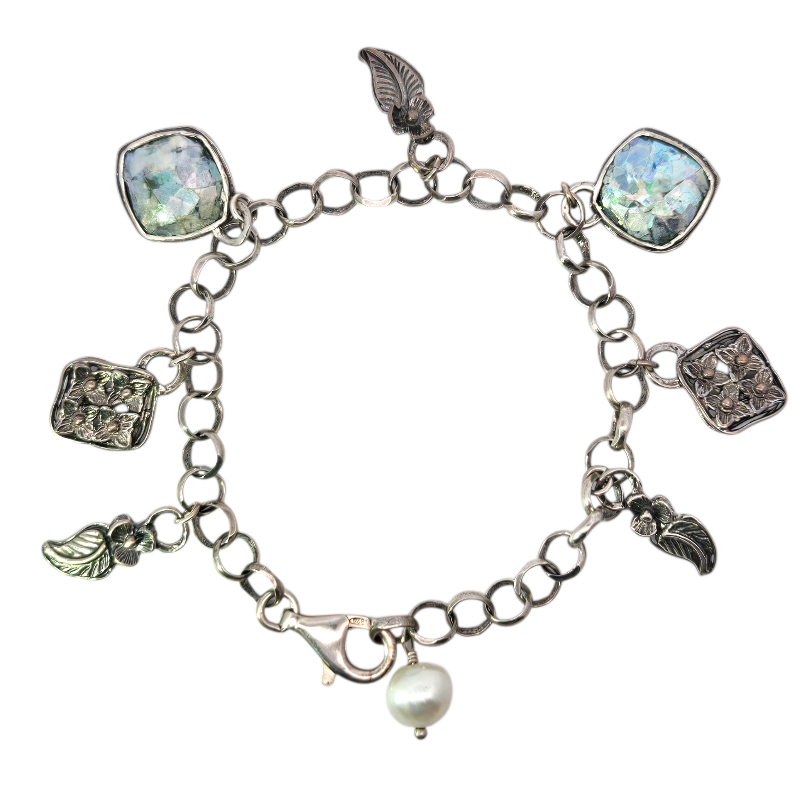 Sterling Floral Charm Bracelet - Ancient Roman Glass with Pearl Accent
