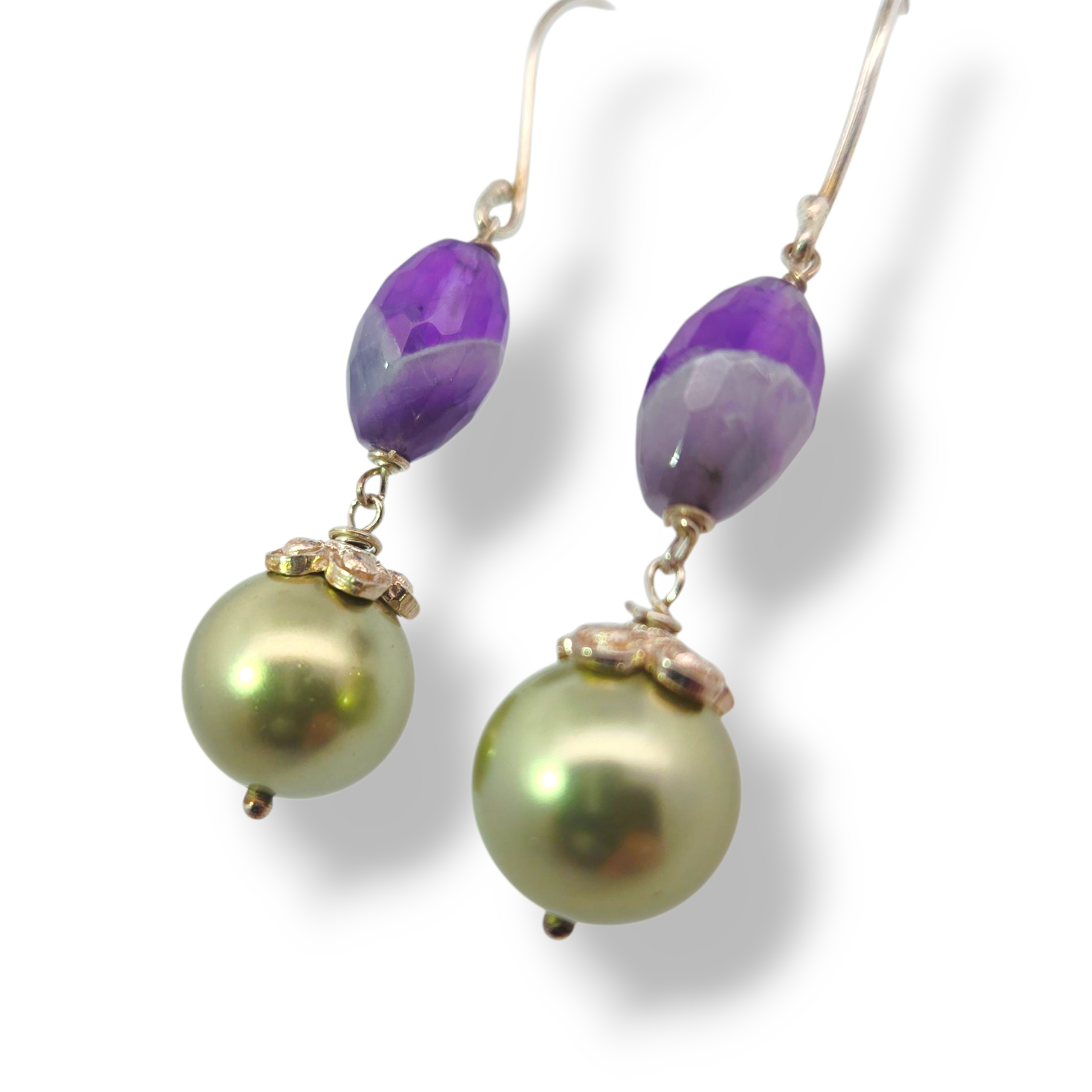 Sterling Silver Green Pearl and Amethyst Earrings