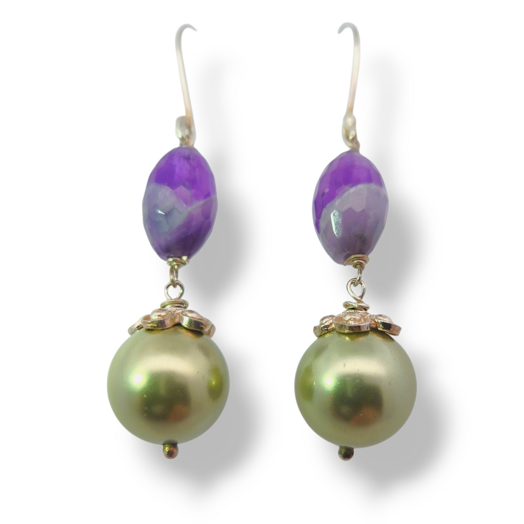 Sterling Silver Green Pearl and Amethyst Earrings