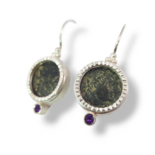 Load image into Gallery viewer, Sterling Silver Ancient Roman Coin and Amethyst Dangle Earrings
