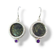 Load image into Gallery viewer, Sterling Silver Ancient Roman Coin and Amethyst Dangle Earrings
