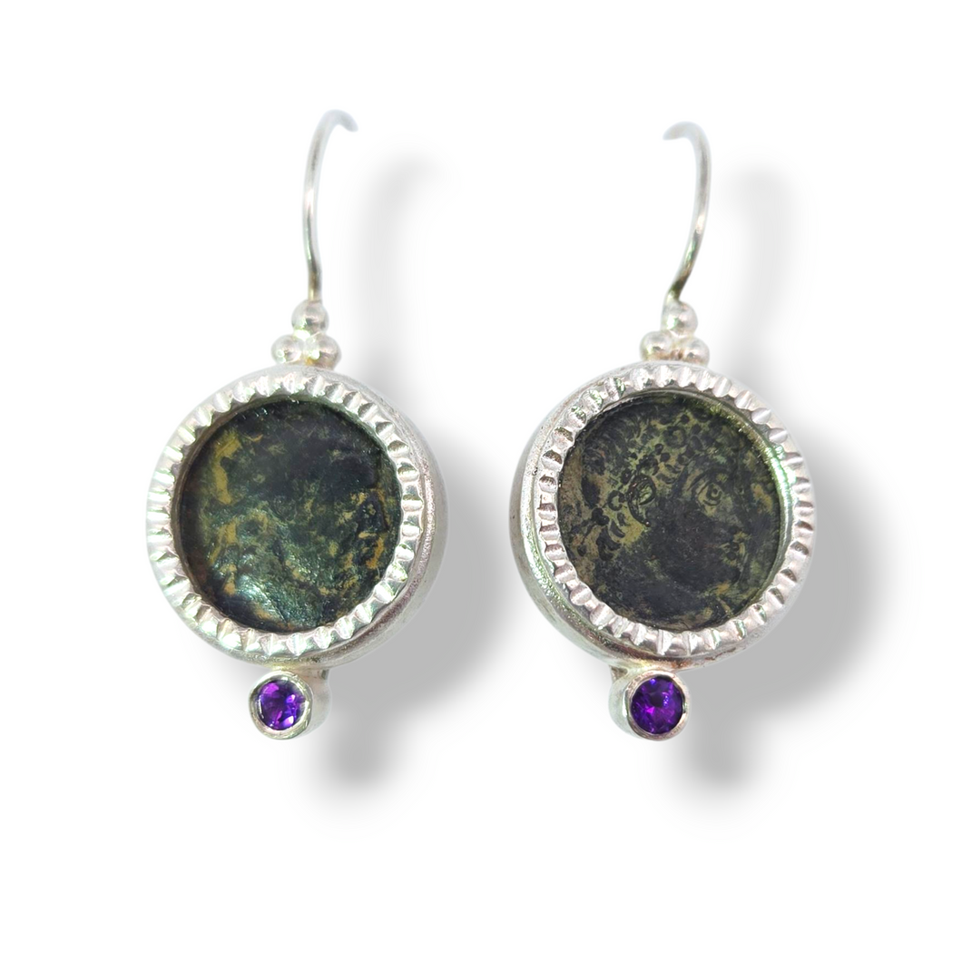 Sterling Silver Ancient Roman Coin and Amethyst Dangle Earrings