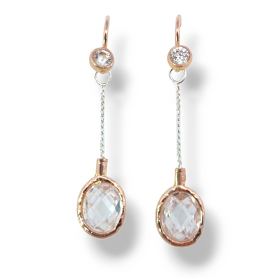 Rose Gold Plate over Sterling Oval Dangle Clear CZ Earrings