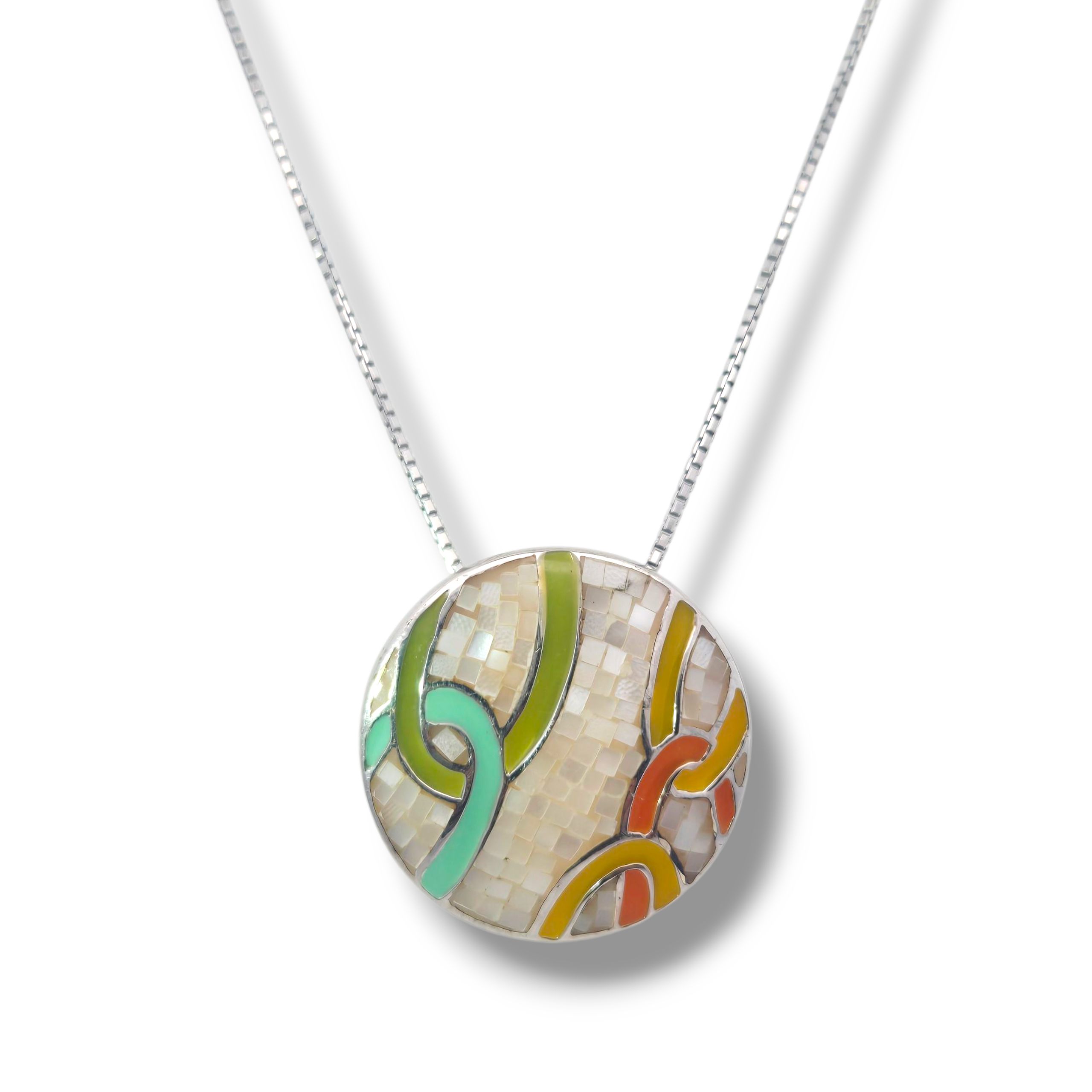 Sterling Silver Round Multicolor Loop Mosaic Necklace