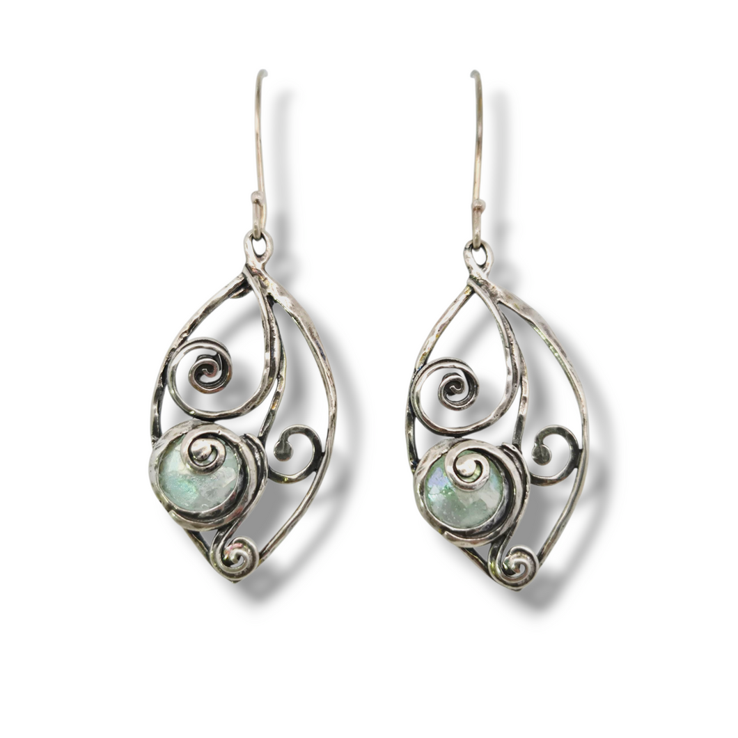 Sterling Swirl Earrings with Ancient Roman Glass