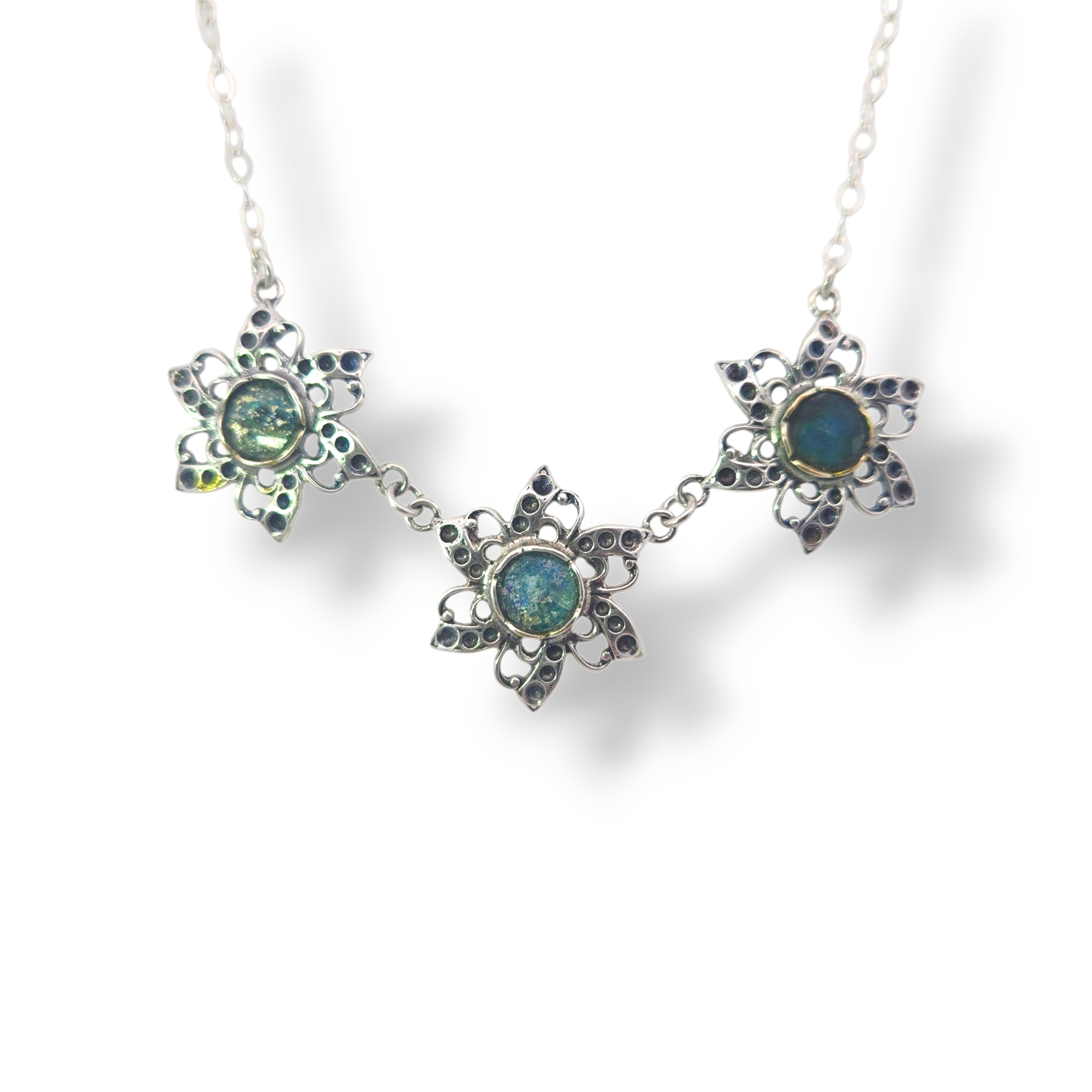 Sterling Triple Flower Necklace with Ancient Roman Glass