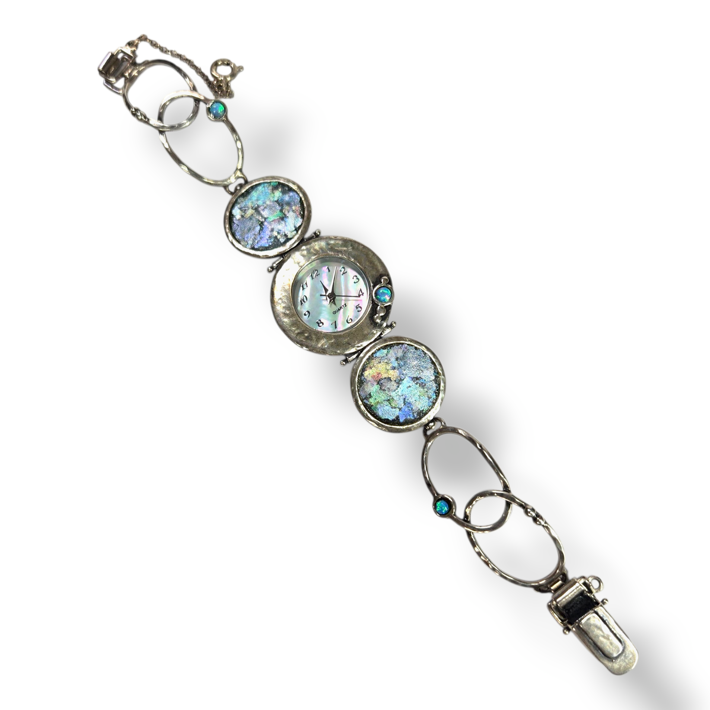 Sterling Bracelet Watch with Ancient Roman Glass and CR Opal