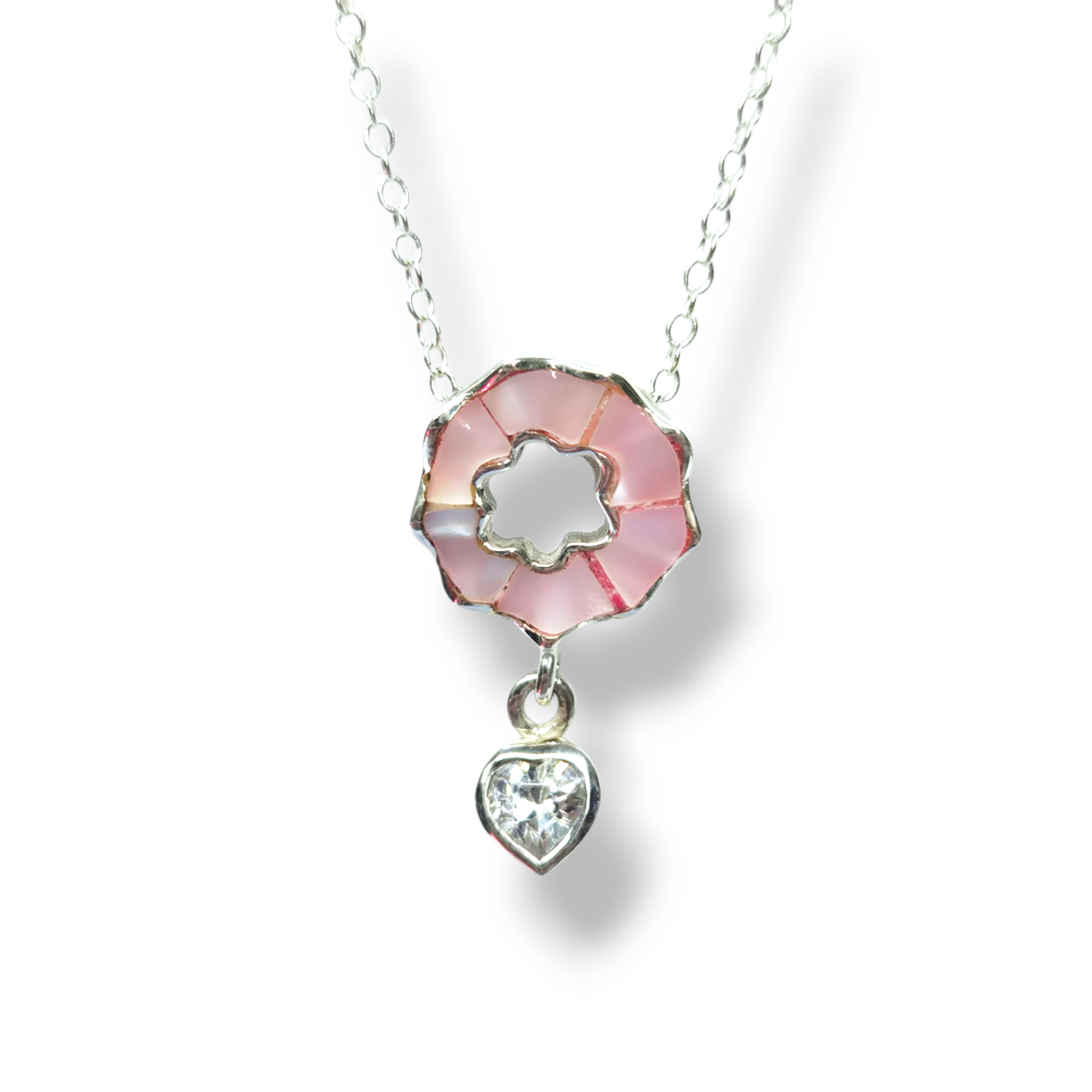 Sterling Pink Mother of Pearl with Zirconia Heart Drop Necklace