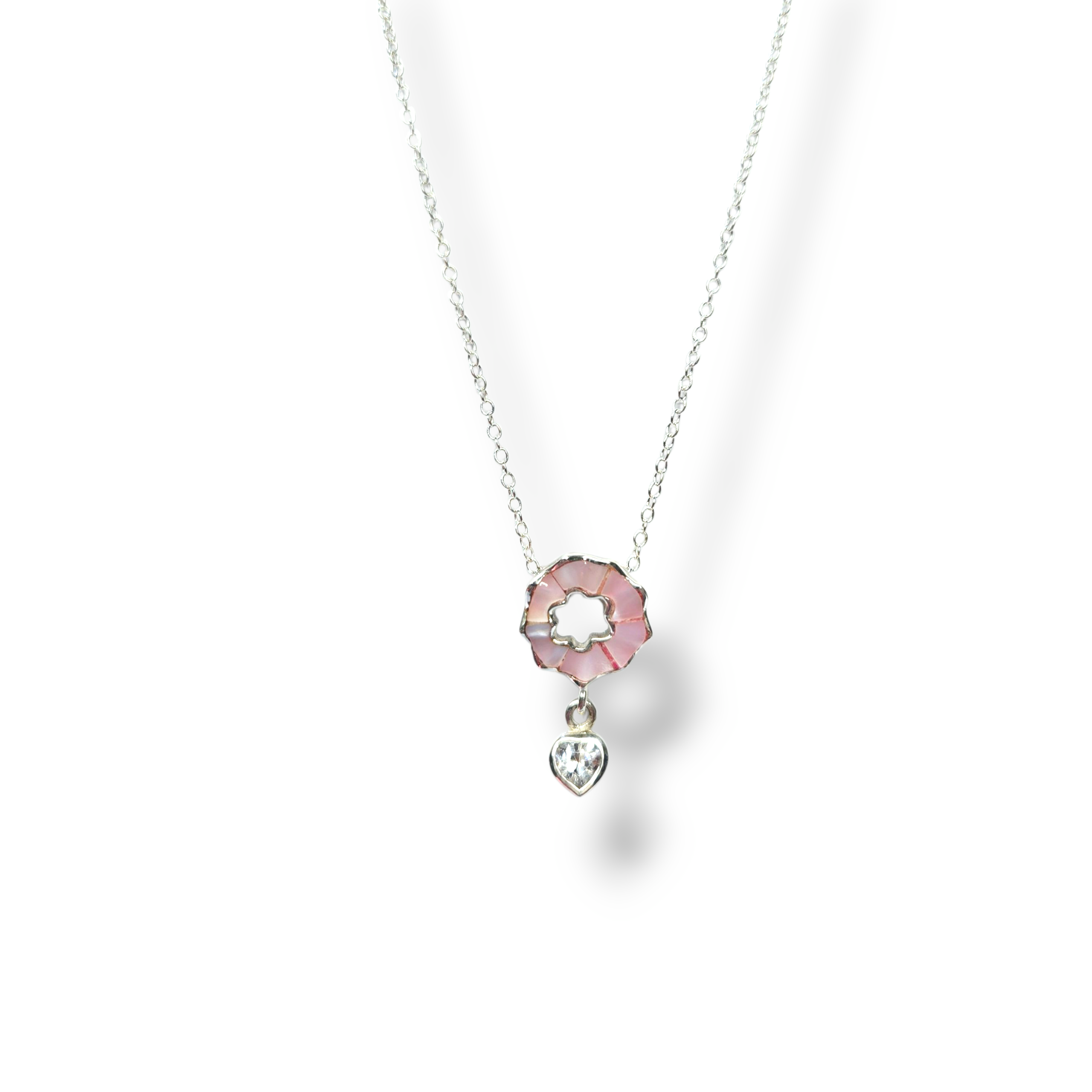 Sterling Pink Mother of Pearl with Zirconia Heart Drop Necklace