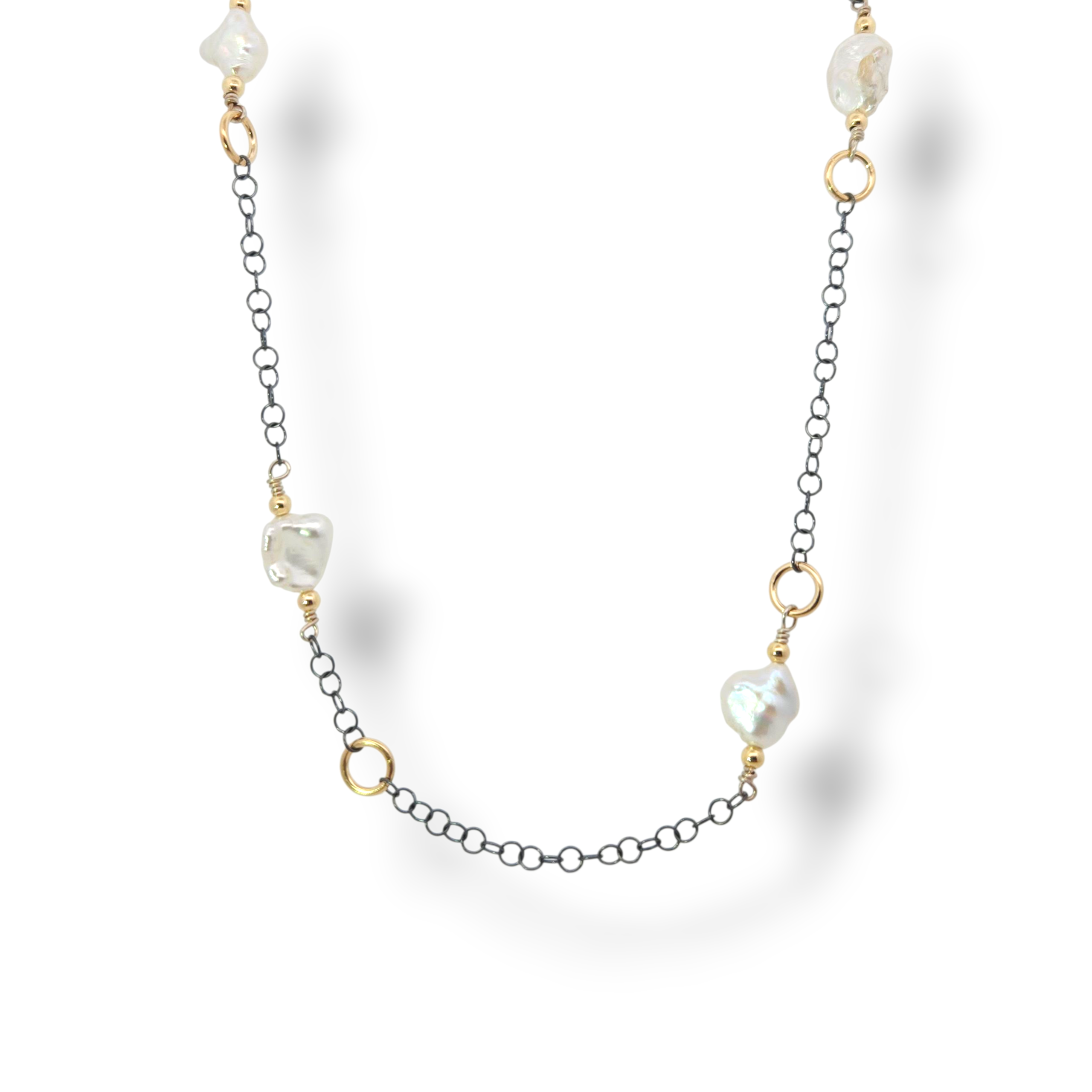 Oxidized Sterling Chain with Kashi Pearls and GF Beads Necklace