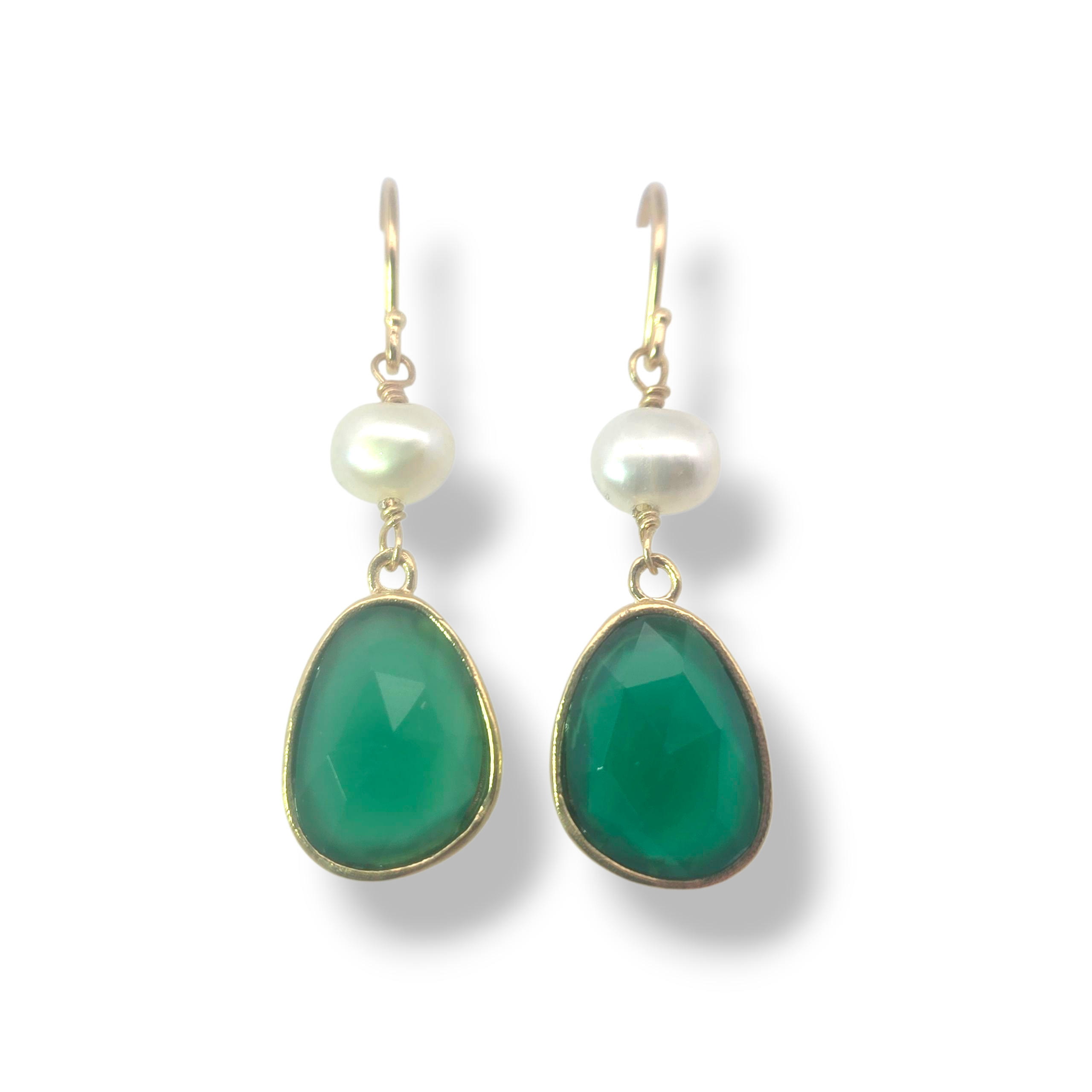 Gold Plated Sterling Oval with Faceted Green Onyx and Pearl Earrlings