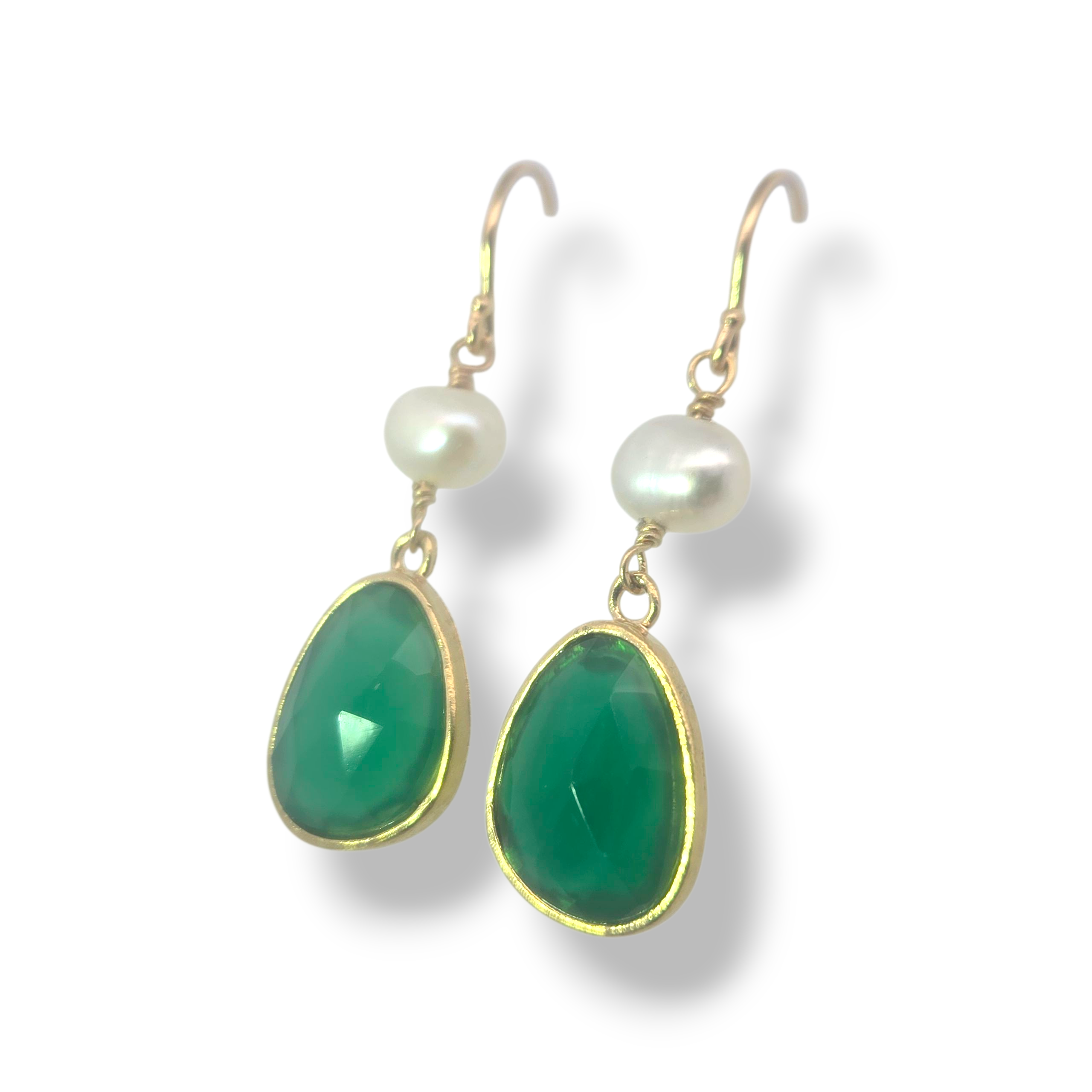 Gold Plated Sterling Oval with Faceted Green Onyx and Pearl Earrlings