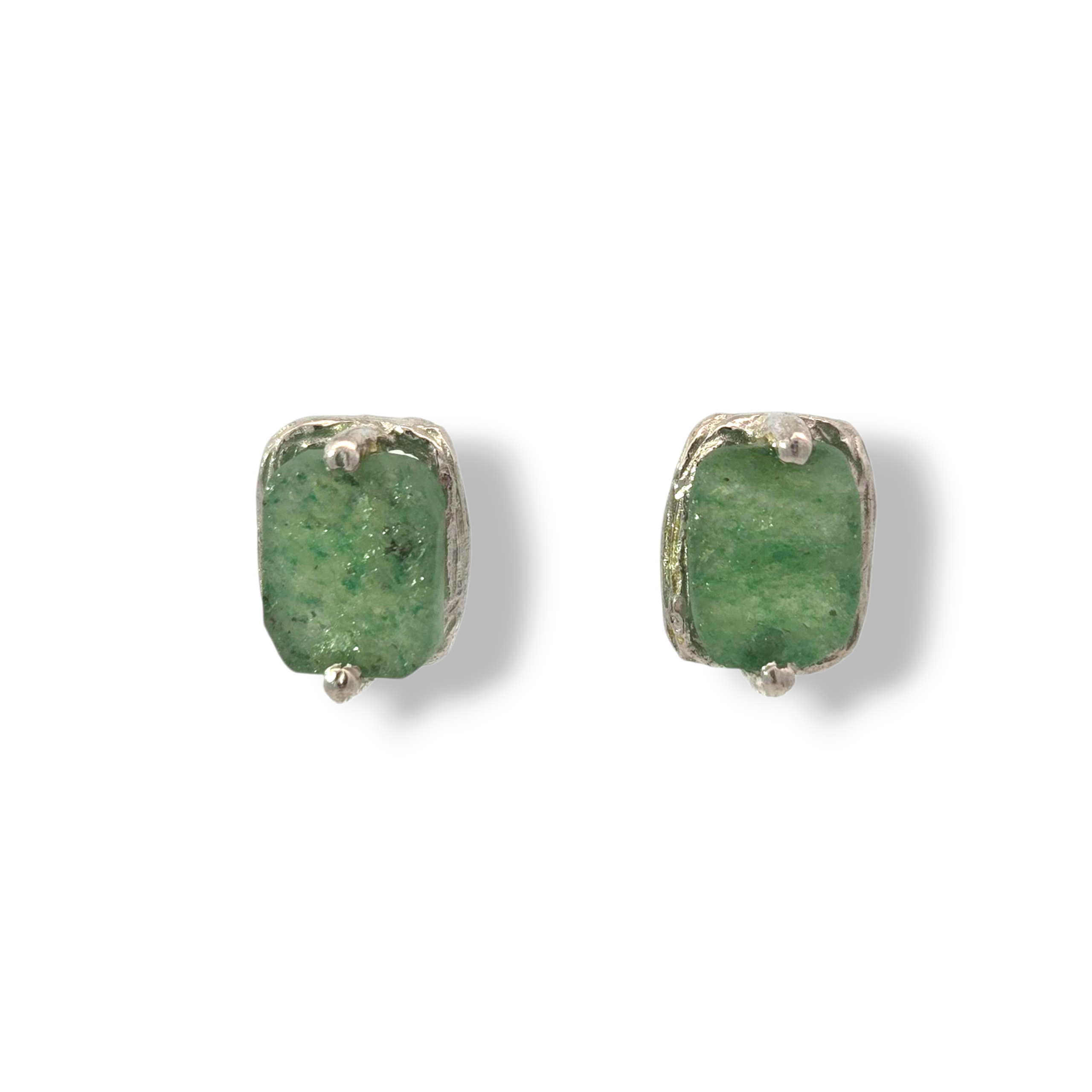 Rhodium Plated Rectangle Rough Cut Green Aventurine Stud Earrings