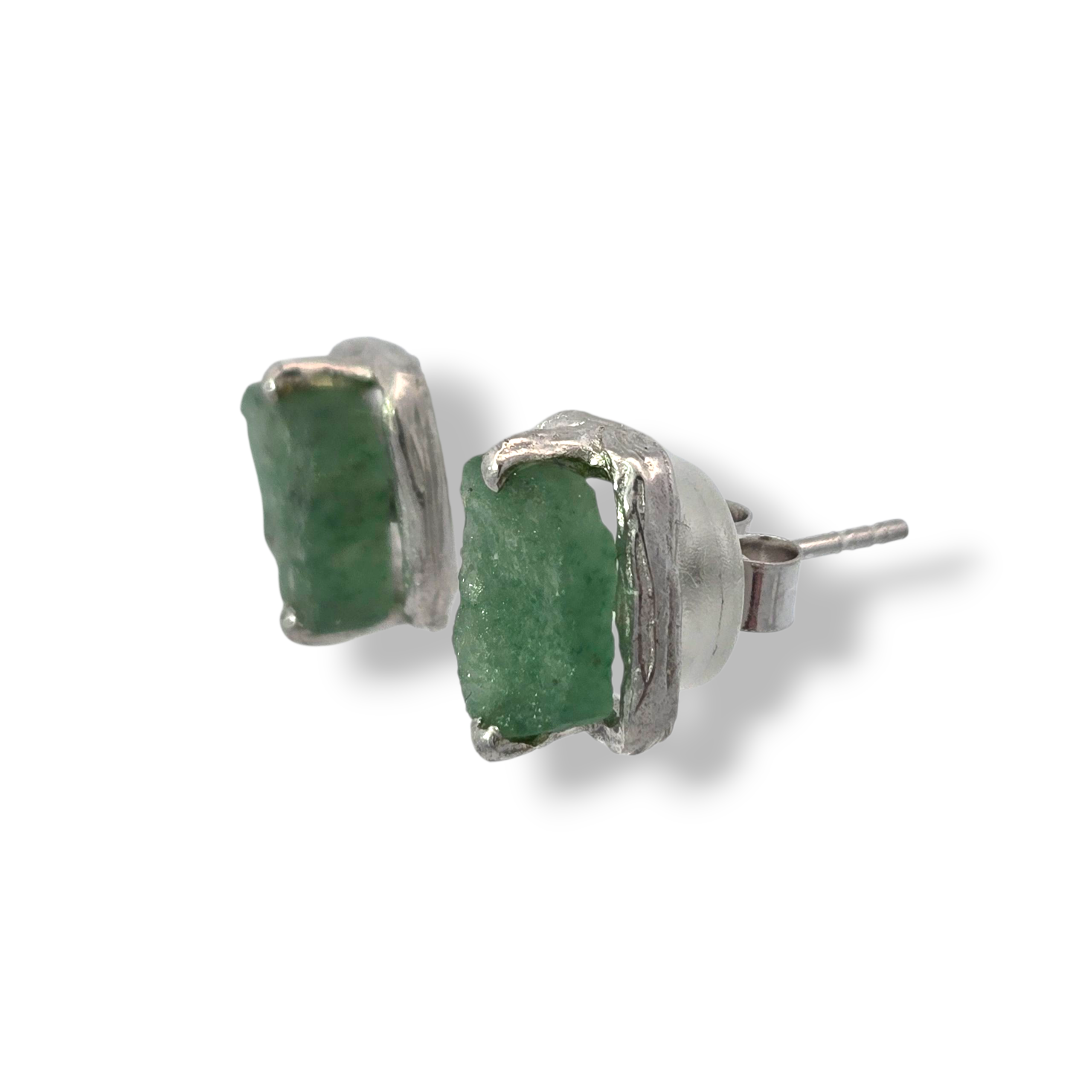 Rhodium Plated Rectangle Rough Cut Green Aventurine Stud Earrings