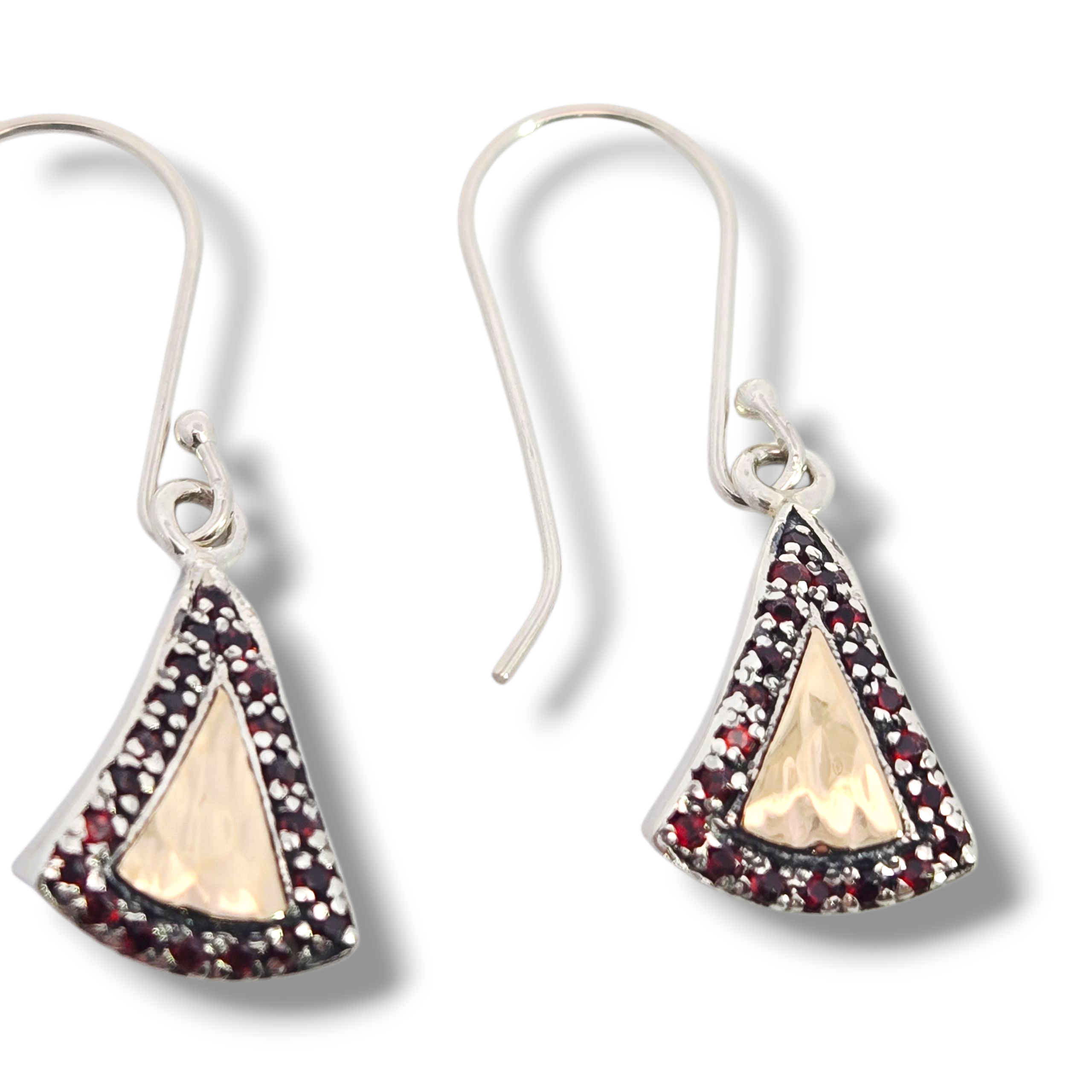 Sterling and 14k Gold Triangle Earrings with Garnets