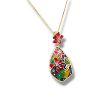 Load image into Gallery viewer, GF Red and Green Mosaic Enameled Flower Necklace