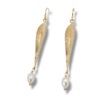 Load image into Gallery viewer, GP Sterling Feather with Pearl Drop Earrings