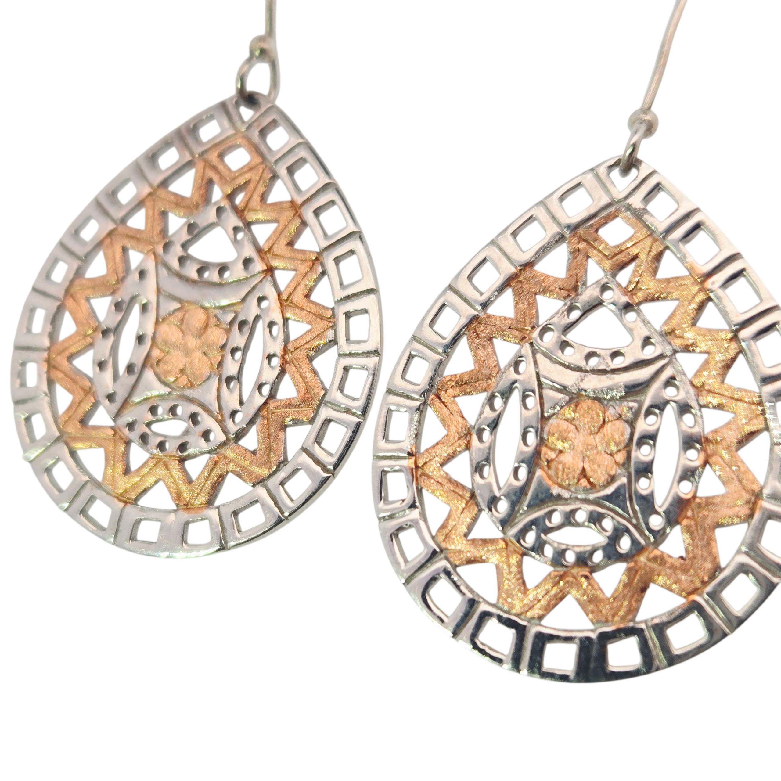 Sterling 18k Rose Plated Flower Pattern Teardrop Earrings