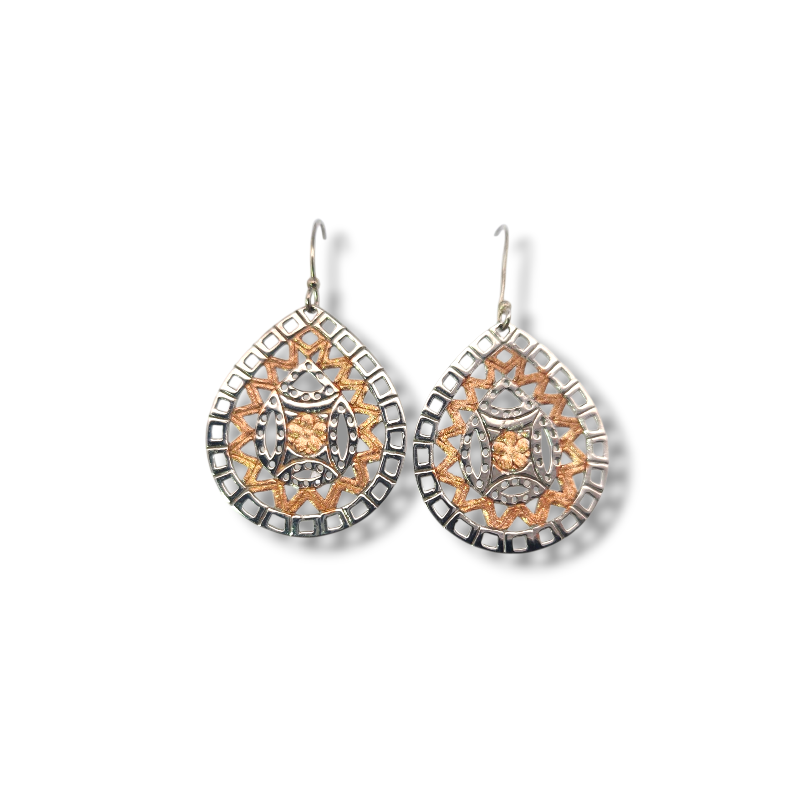 Sterling 18k Rose Plated Flower Pattern Teardrop Earrings