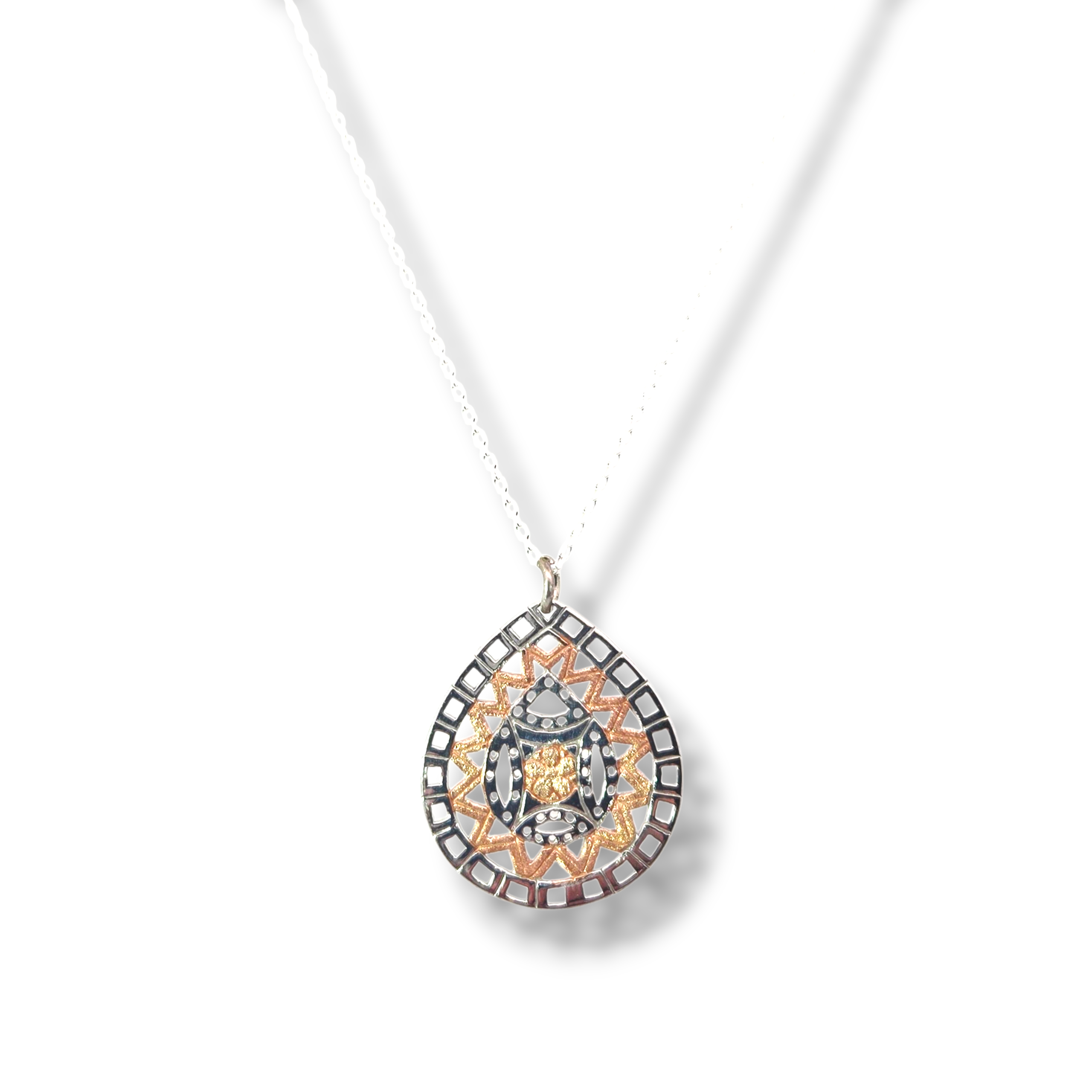 Sterling 18k Rose Plated Flower Pattern Teardrop Necklace