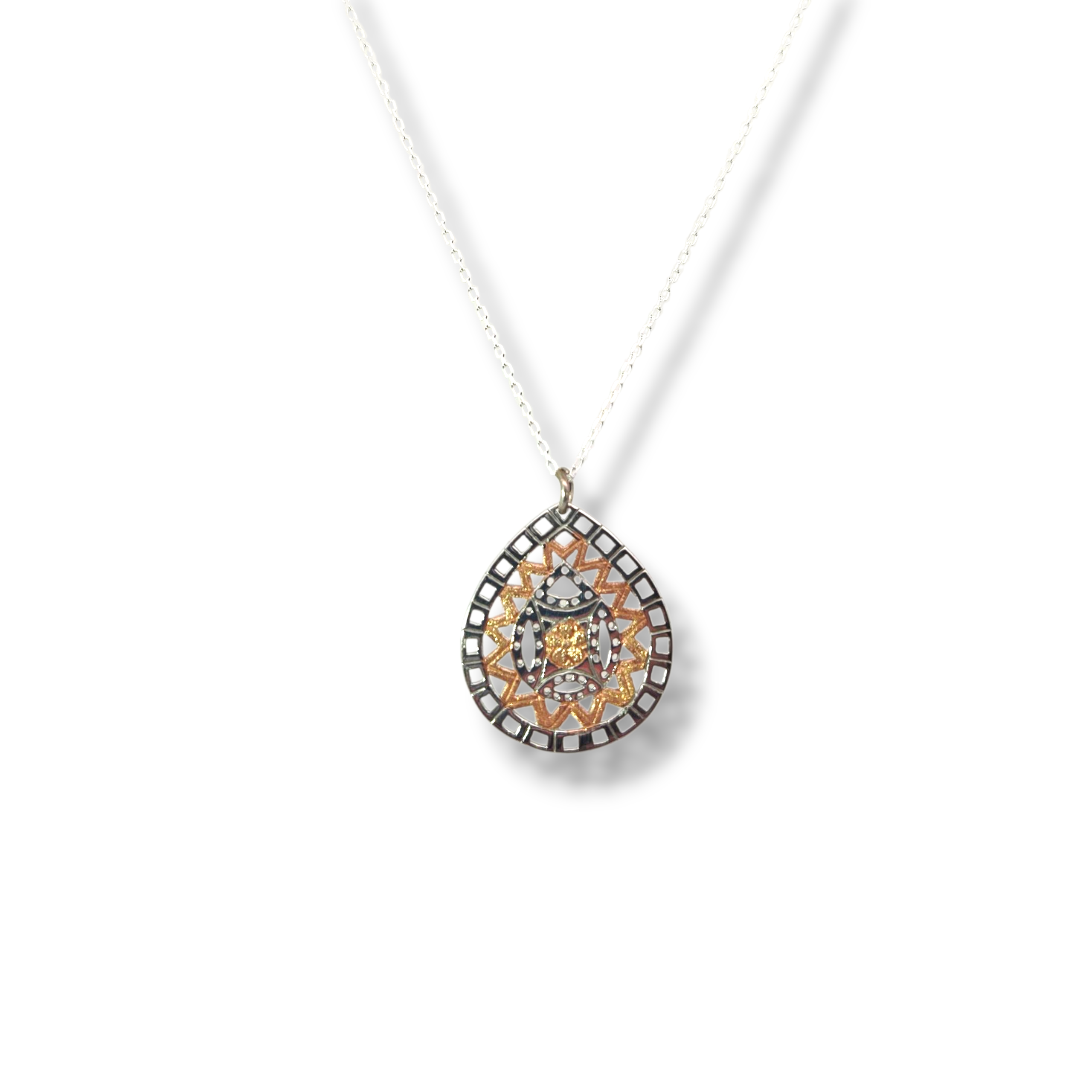 Sterling 18k Rose Plated Flower Pattern Teardrop Necklace