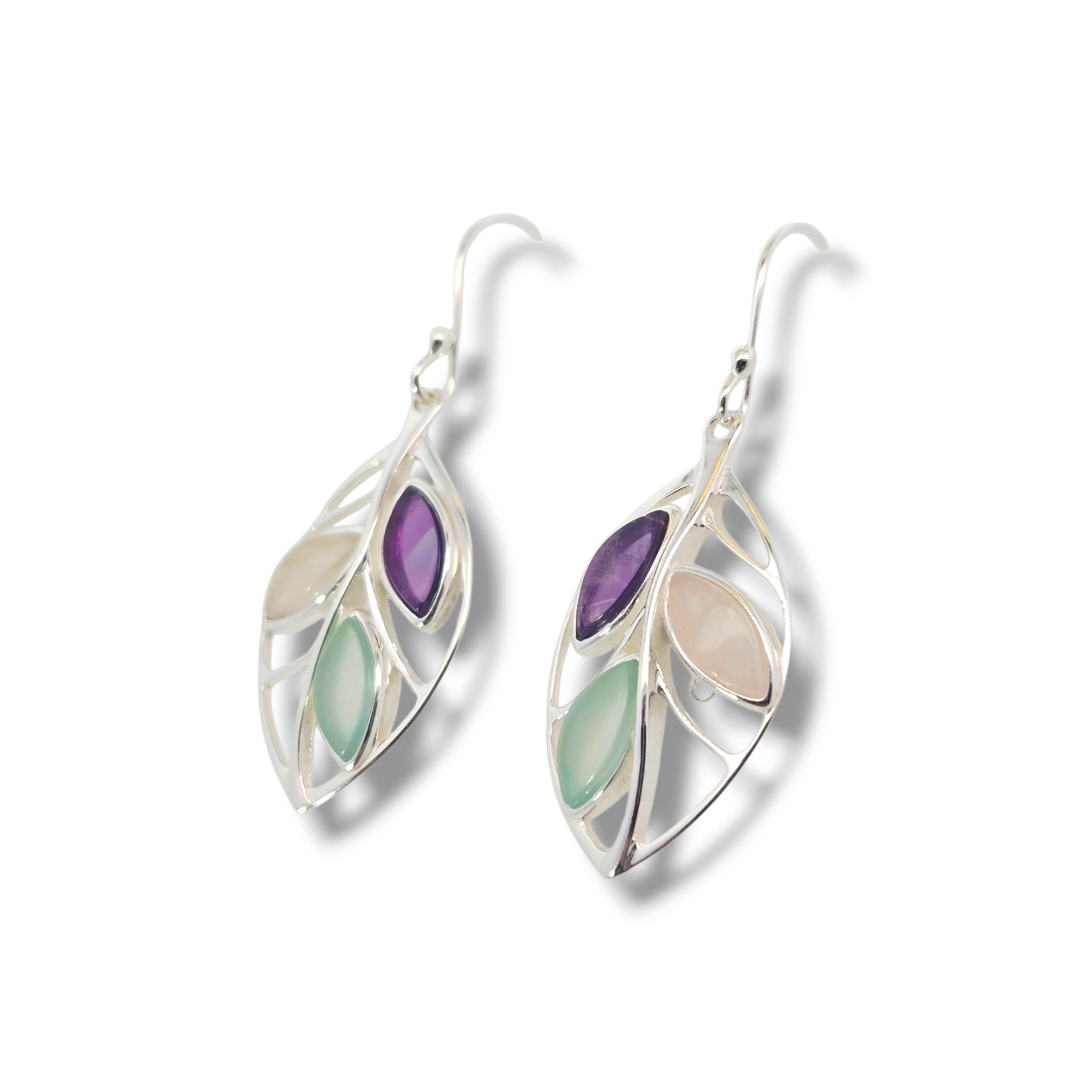 Amethyst and Quartz Sterling Floral Leaf Earrings
