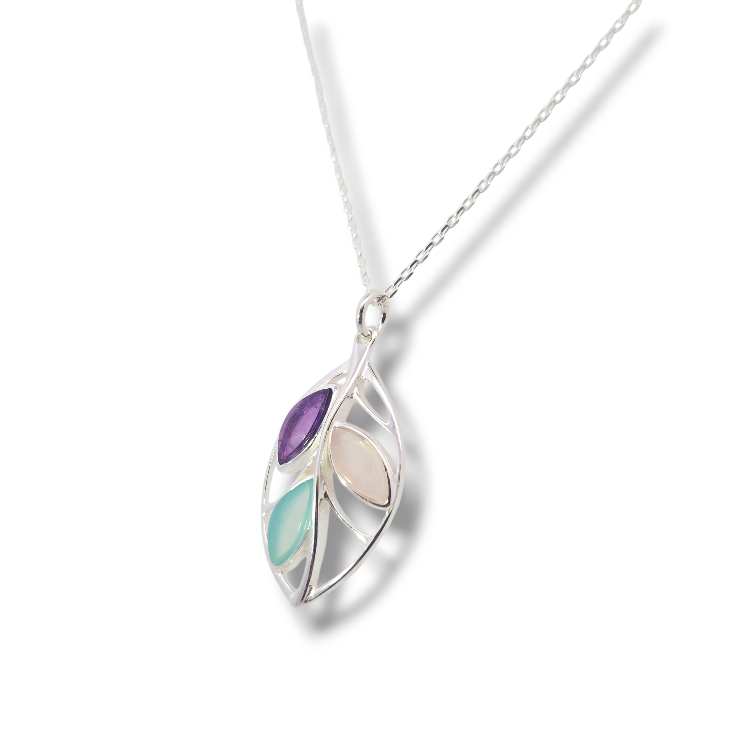 Amethyst and Quartz Sterling Floral Leaf Necklace
