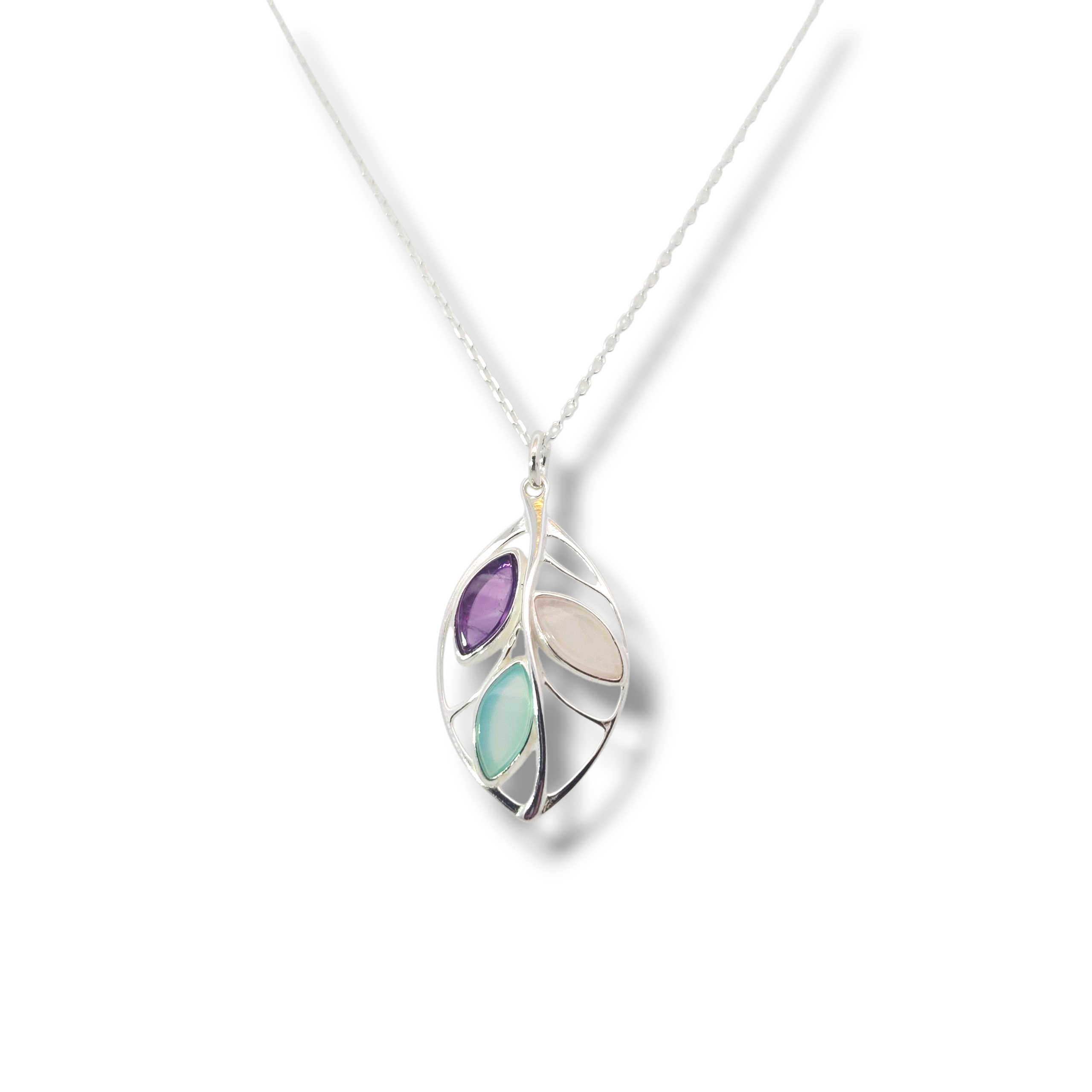 Amethyst and Quartz Sterling Floral Leaf Necklace