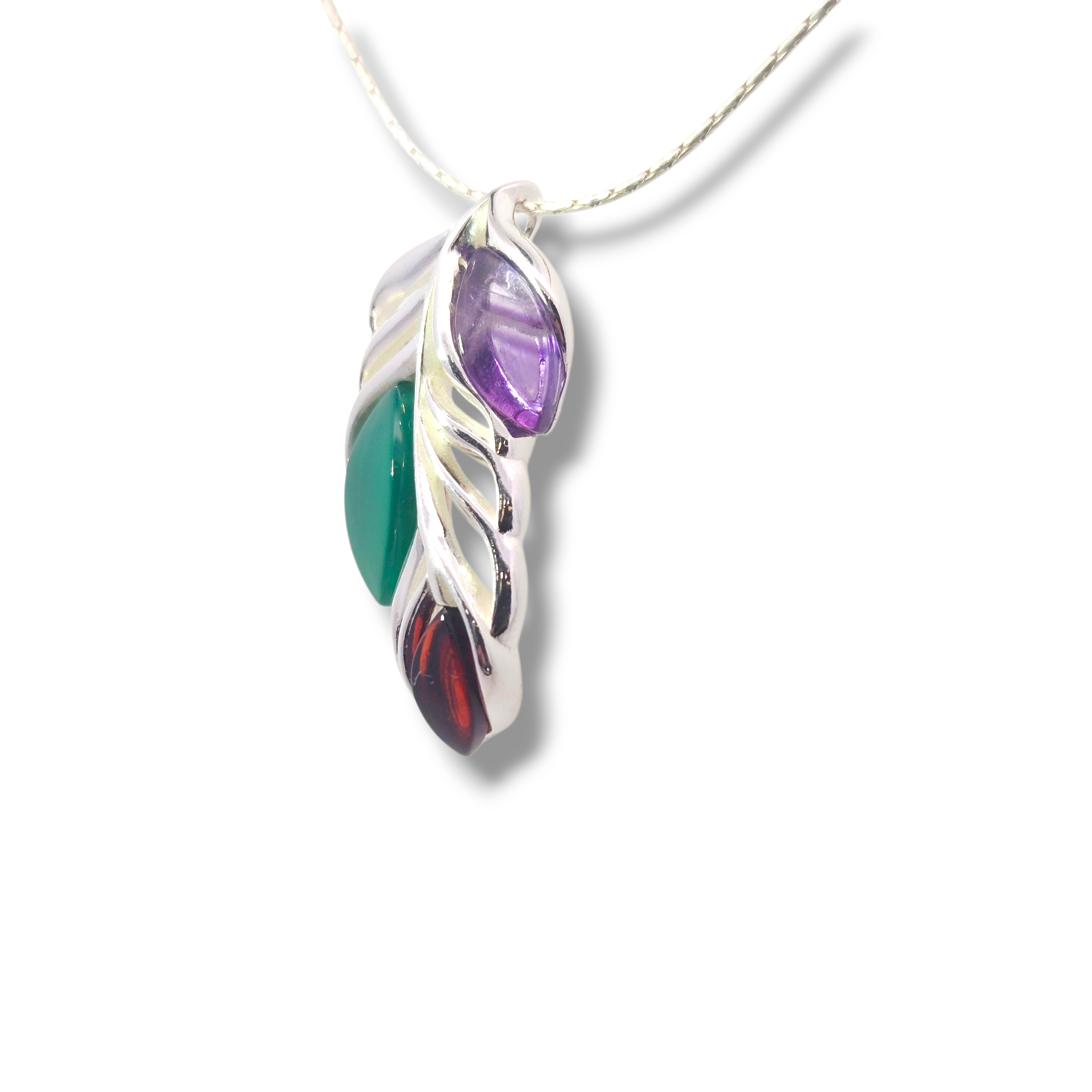 Amethyst, Green Onyx, and Amber Sterling Floral Necklace