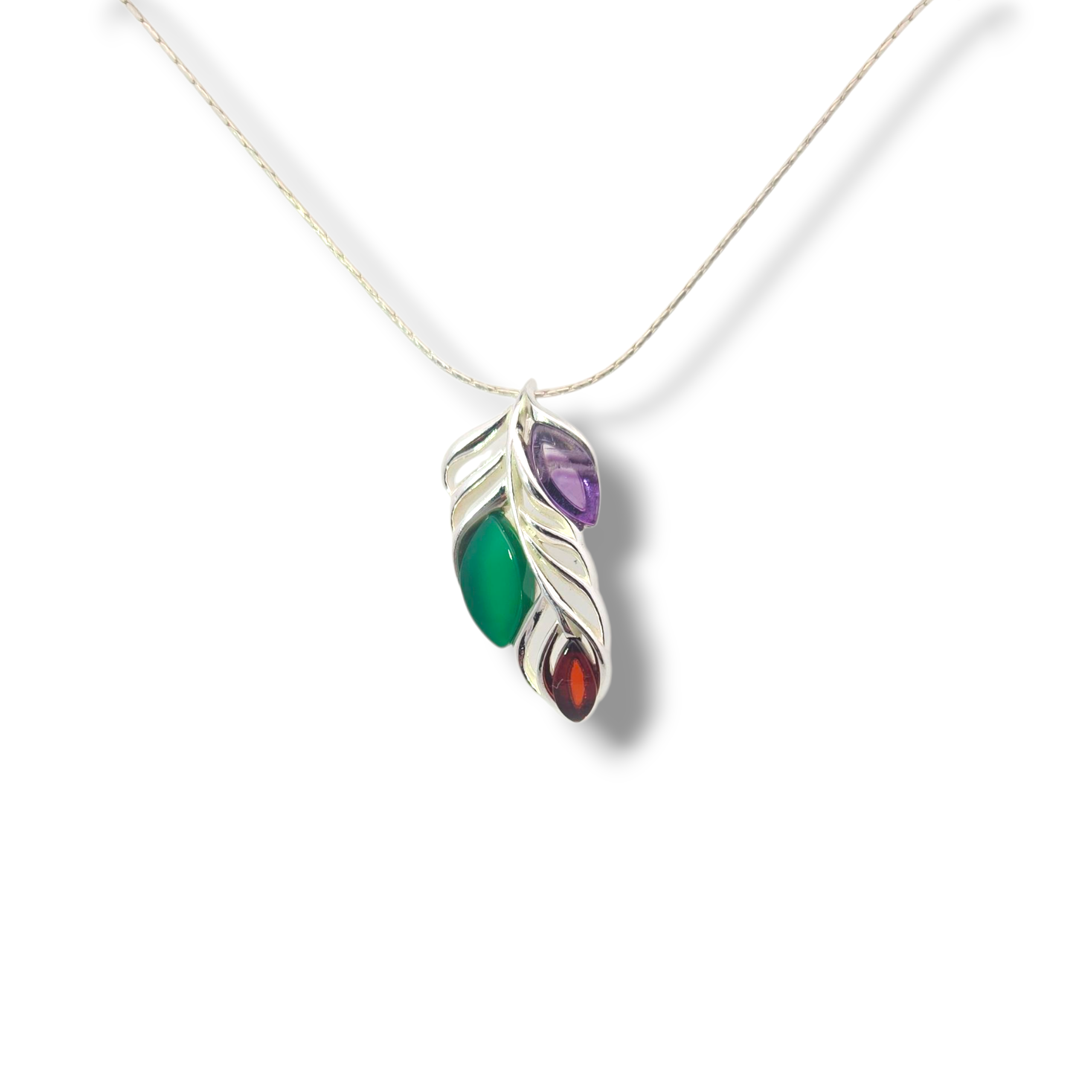 Amethyst, Green Onyx, and Amber Sterling Floral Necklace