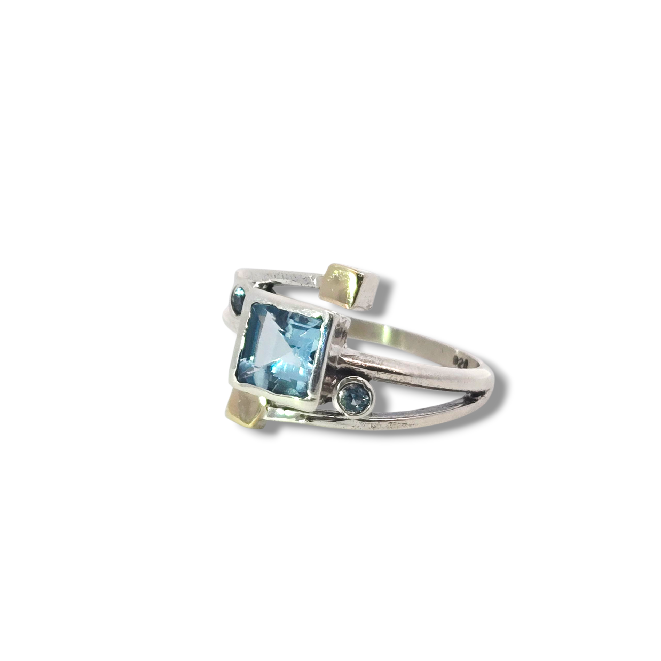 Sterling + 14k Yellow Blue Topaz Geometric Ring