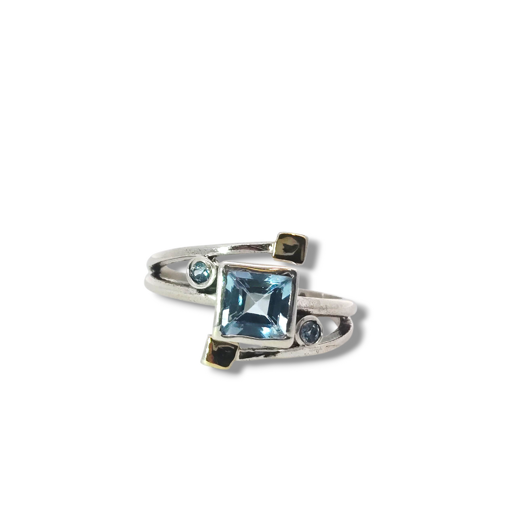 Sterling + 14k Yellow Blue Topaz Geometric Ring