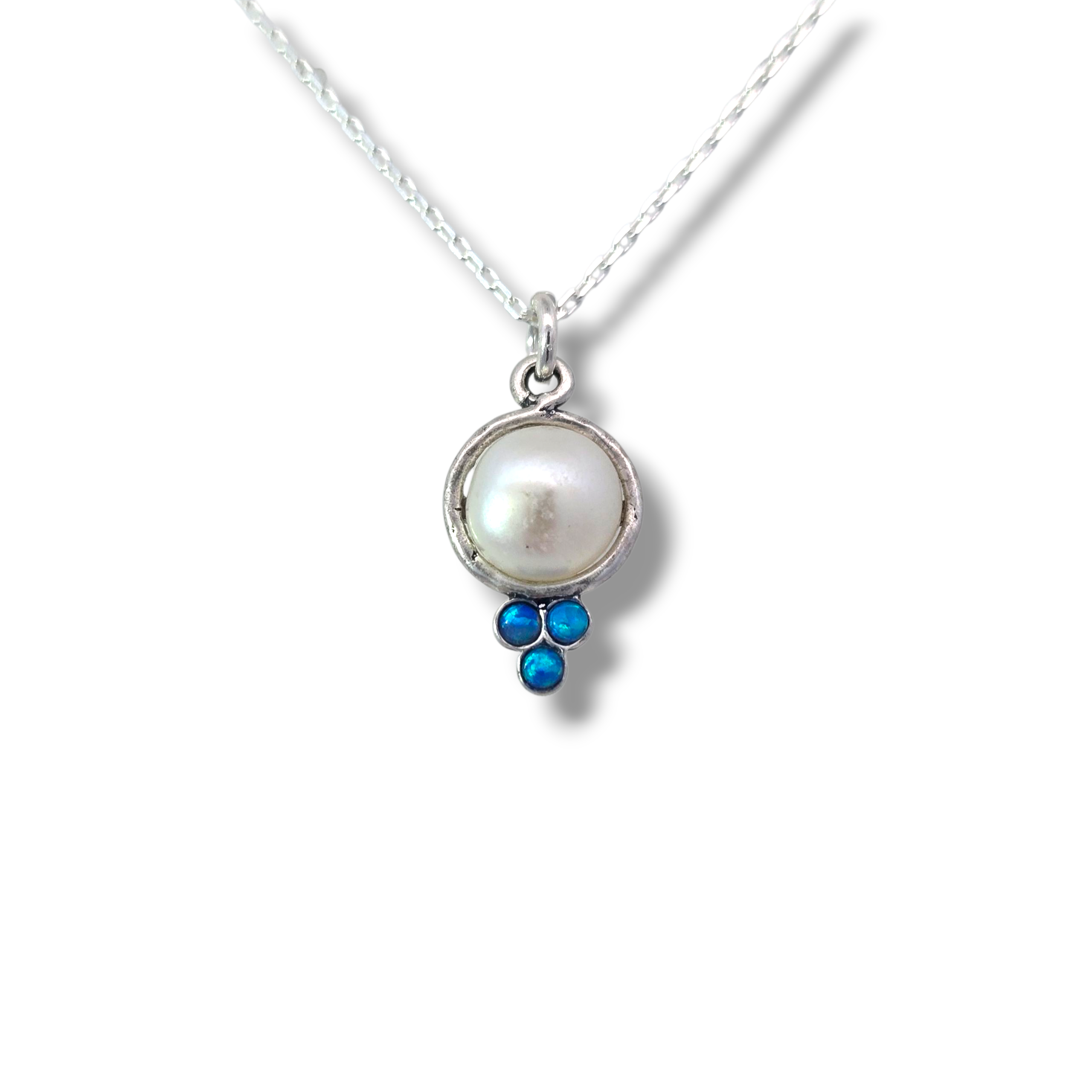 Sterling Silver Pearl Pendant with Opal Accents