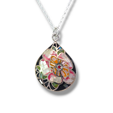 Sterling Silver Mother of Pearl Mosaic Teardrop Pendant Necklace