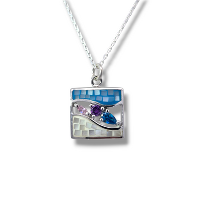 Sterling Silver Mother of Pearl Mosaic with Austrian Crystal Necklace