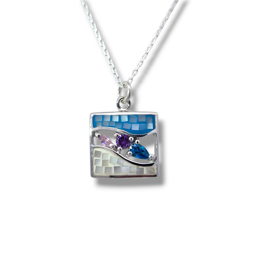Sterling Silver Mother of Pearl Mosaic with Austrian Crystal Necklace