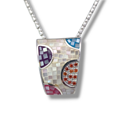 Sterling Silver Mother of Pearl Mosaic with CZ Necklace