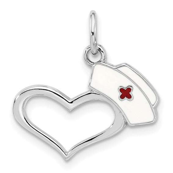 Sterling Silver Rhodium-plated Enameled Nurses Hat with Heart Pendant