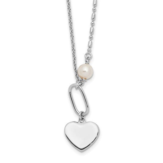Sterling Silver Rhodium-plated Glass Pearl/Heart 16in with 2 in ext Necklace