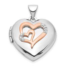 Load image into Gallery viewer, Sterling Silver Rhodium-plated Diamond Rose Rhodium Hearts 18mm Locket