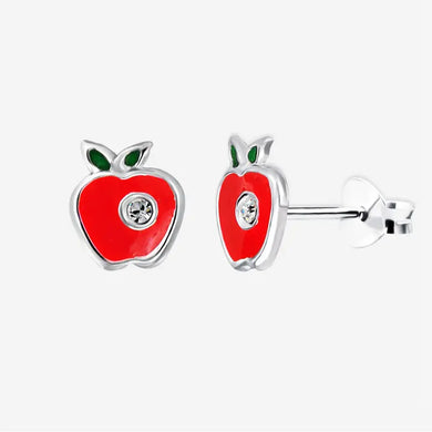 Silver Apple Hand Painted Red Apple Stud Earrings