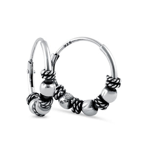 Sterling Silver Triple Bead Bali Hoop Earrings