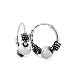 Sterling Silver Bali Bead and Rope Hoop Earrings