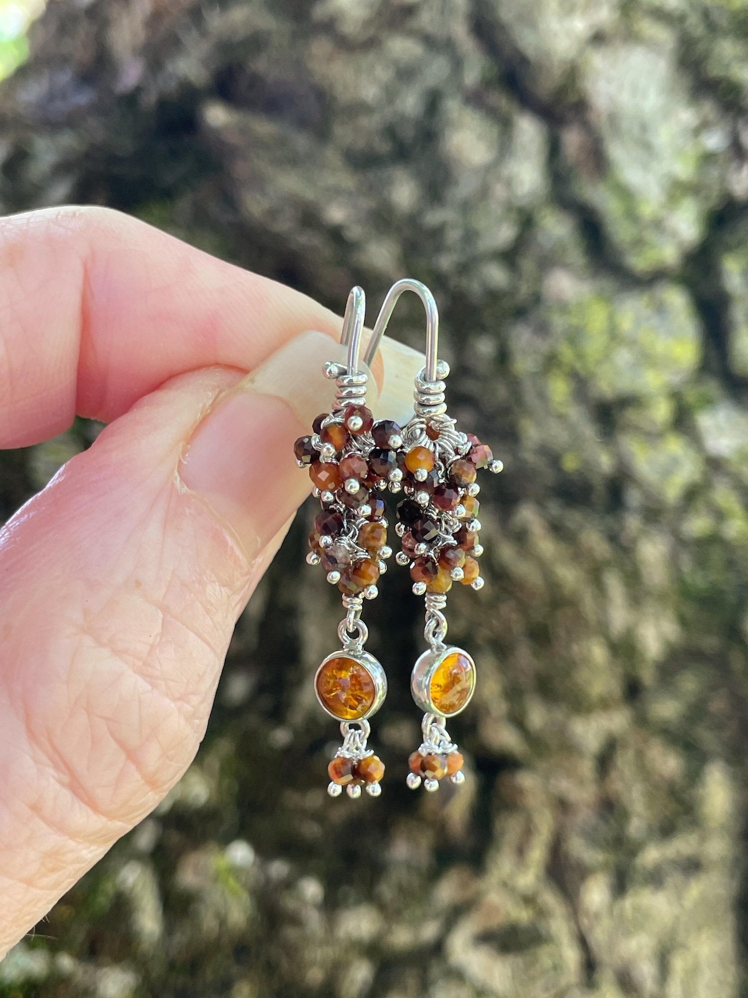 Sadira Earrings: Sterling Silver, Amber and Tiger Eye