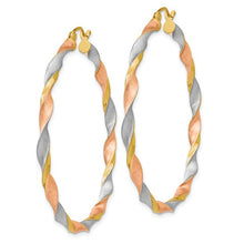 Load image into Gallery viewer, 14k White and Rose Rhodium Satin Twisted Hoop Earrings