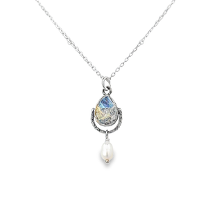 Sterling Teardrop Roman Glass and Pearl Necklace